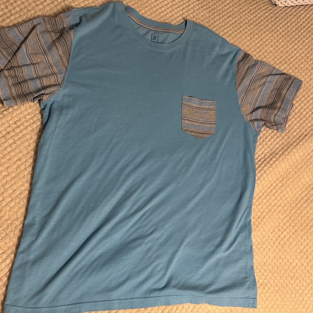 George Men's Light Blue Pocket Tee with Striped Sleeves